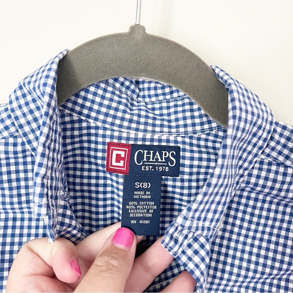 Chaps Gingham Button Down Dress Shirt Navy Blue White Big Boy Small 8 - Picture 5 of 7